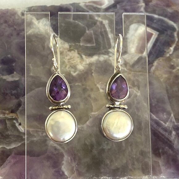 Sterling Silver 925 Pear Shaped Amethyst Hinged White Coin Pearl Dangle Earrings - Picture 11 of 16
